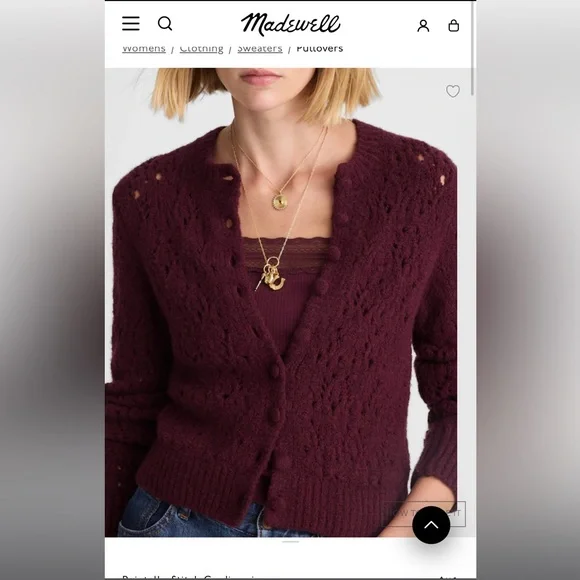 Madewell Pointelle-Stitch Cardigan Cotton Blend in Dark Pomegranate Size Medium - Picture 8 of 10